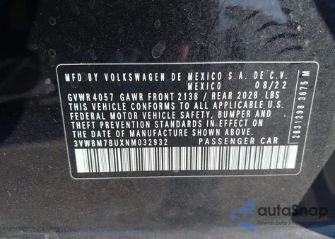 2022 Volkswagen Jetta 1.5T Sport из США, поврежденный, VIN 3VWBM7BUXNM032932